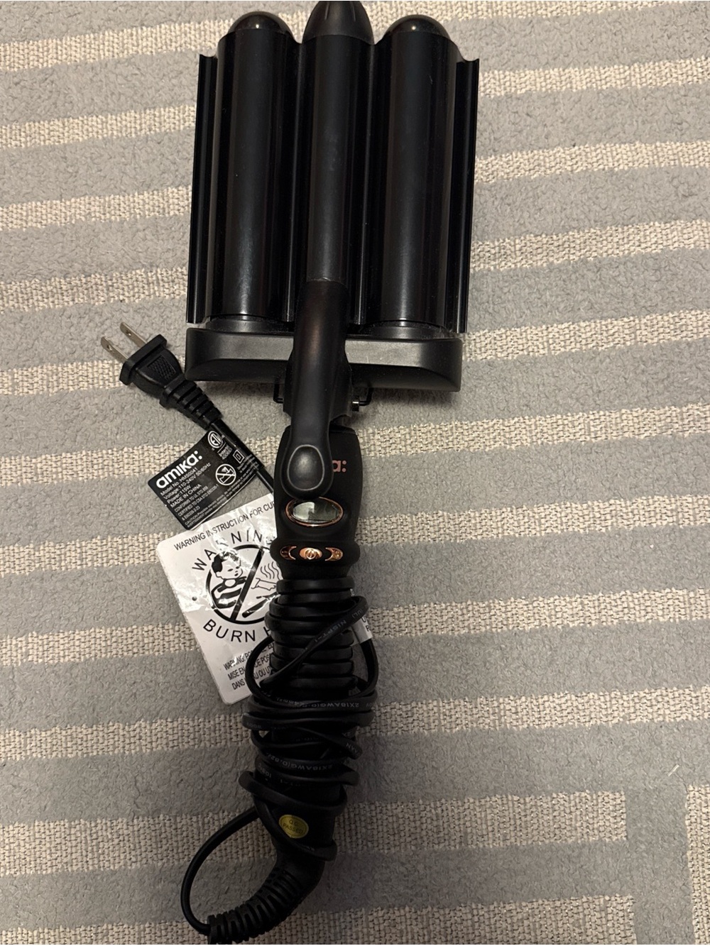 amika Triple Barrel Hair Waver in Black with Rose Gold Accents